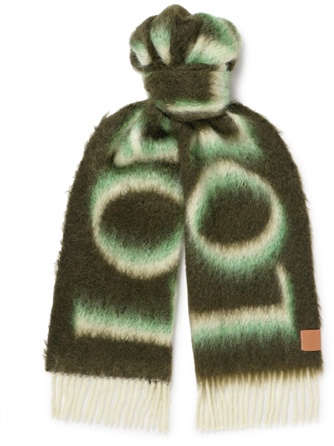 LOEWE - Fringed Leather-Trimmed Jacquard-Knit Scarf - Men - Green LOEWE - Fringed Leather-Trimmed Jacquard-Knit Scarf - Men - Green von LOEWE