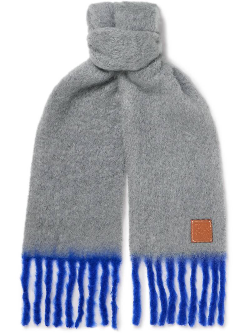 LOEWE - Fringed Leather-Trimmed Two-Tone Mohair-Blend Scarf - Men - Gray von LOEWE