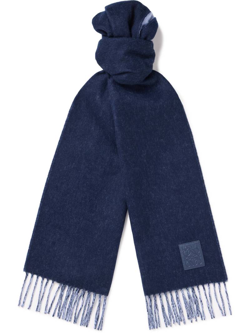 LOEWE - Logo-Appliquéd Fringed Wool and Cashmere-Blend Scarf - Men - Blue von LOEWE