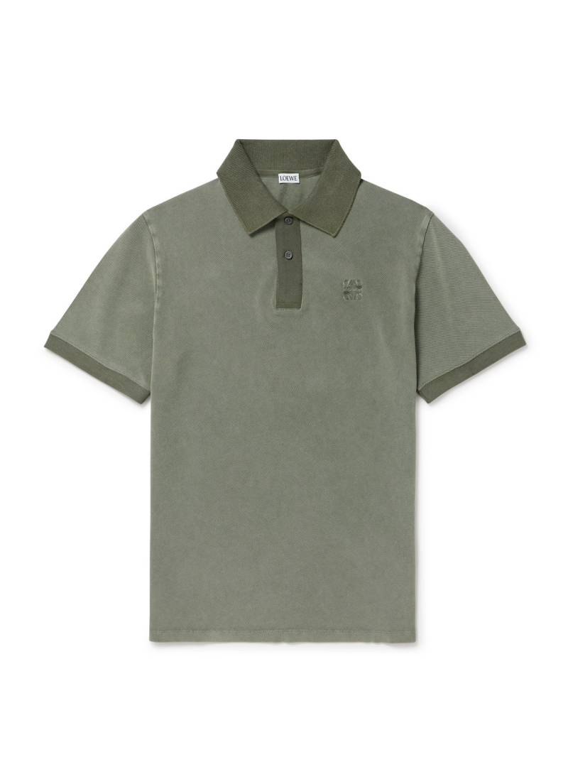 LOEWE - Slim-Fit Logo-Embroidered Distressed Cotton-Piqué Polo Shirt - Men - Green - XL von LOEWE