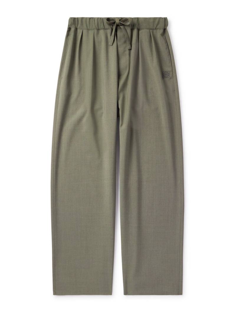 LOEWE - Wide-Leg Logo-Embroidered Pleated Wool Drawstring Trousers - Men - Green - XS von LOEWE