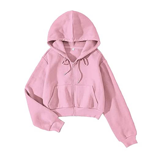 LOFAAC BINIDE Damen Fleece-Kapuzenpullover mit durchgehendem Reißverschluss, bauchfrei, 90er-Jahre, langärmelig, Kordelzug, bauchfreies Top, Pink, L von LOFAAC