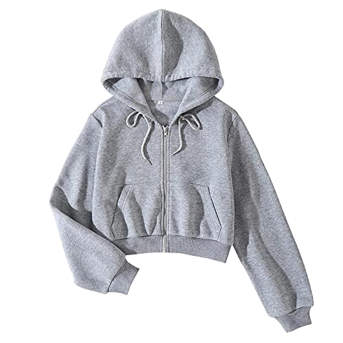 LOFAAC Damen Fleece Full Zip Up Cropped Hoodie Sweatshirt 90er Jahre Langarm Kordelzug Kapuze Crop Jacke Top, Hellgrau, L von LOFAAC