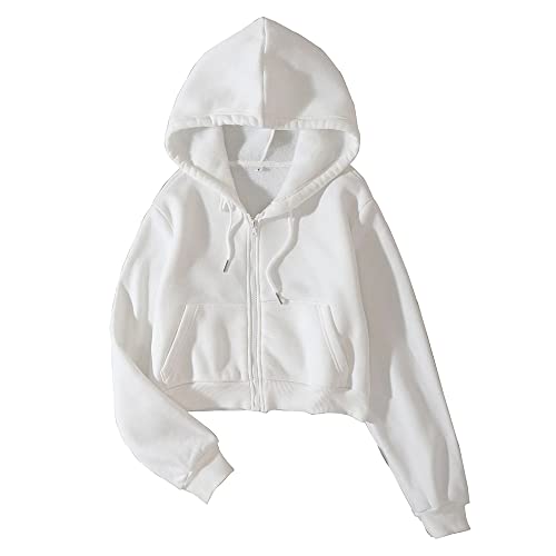 LOFAAC Damen Fleece Full Zip Up Cropped Hoodie Sweatshirt 90er Jahre Langarm Kordelzug Kapuze Crop Jacke Top, Weiss/opulenter Garten, M von LOFAAC