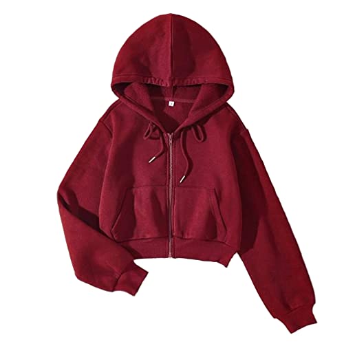 LOFAAC Damen Fleece Full Zip Up Cropped Hoodie Sweatshirt 90er Jahre Langarm Kordelzug Kapuze Crop Jacke Top Rot von LOFAAC