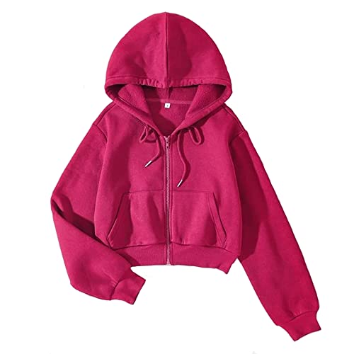 LOFAAC Damen Fleece Full Zip Up Cropped Hoodie Sweatshirt 90er Jahre Langarm Kordelzug Kapuze Crop Jacke Top mit Taschen, Rose, L von LOFAAC