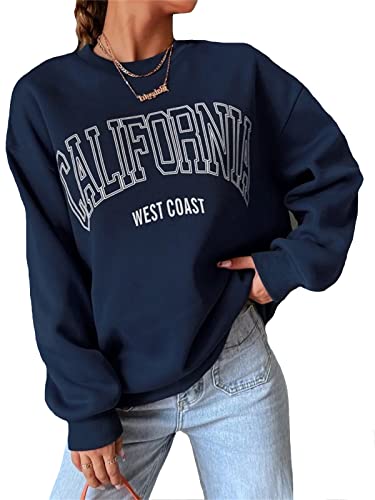 LOFAAC Damen Oversized Fleece California Letter Graphic Print Sweatshirt Ästhetisch Rundhals Langarm Pullover Jumper, Marineblau, L von LOFAAC