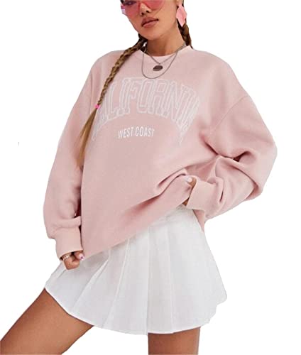 LOFAAC Damen Oversized Fleece California Letter Graphic Print Sweatshirt ?sthetisch Rundhals Langarm Pullover Jumper, Pink, S von LOFAAC