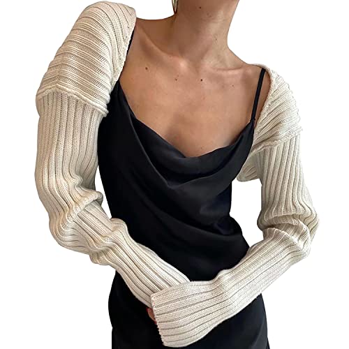 LOFAAC Damen Y2K Offene Vorderseite Rippstrick Shrug Crop Cardigan Solid Drop Shoulder Puff Langarm Pullover Tops Oberbekleidung, White, Mittel von LOFAAC