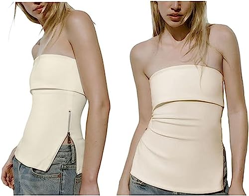 LOFAAC Frauen Sexy trägerlosen Reißverschluss Split Side Knit Bandeau Tube Top Y2K Slim Ärmellos Rückenfrei Schulterfrei Tank Shirt, aprikose, Klein von LOFAAC