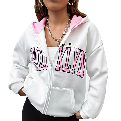 LOFAAC Frauen Y2K Brooklyn Brief Grafik Zip Up Hoodies Sweatshirt Langarm Drop Schulter Farbblock Jacke Oberbekleidung, Pink, S von LOFAAC