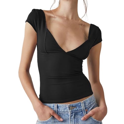 LOFAAC Y2K Sexy Damen T-Shirt mit tiefem V-Ausschnitt und tiefer Passform, tiefer Schnitt, rückenfrei, Sommer, Korsett, T-Shirt, Clubwear, Schwarz, Klein von LOFAAC