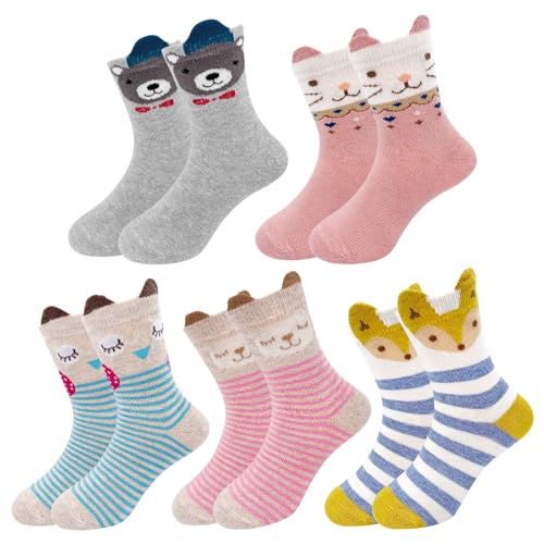 LOFIR Kinder Socken Tiere, Mädchen Motiv Strümpfe aus Baumwolle Witzige Kindersocken Tier Muster Socken Bunte Lustige Mädchensocken Größe 20-22, 5 Paare von LOFIR