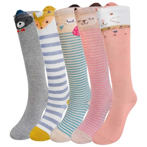 LOFIR Mädchen Kniestrümpfe Kinder Socken: Overknee Strümpfe Lang Gestreift Kindersocken Tier Baumwolle Socken Bunt Ringelsocken Lustige Ohne Naht Kniesocken Geschenk 10-12 Jahre Tier 35-38 5 Paar von LOFIR