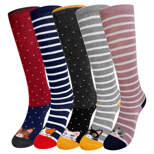 LOFIR Mädchen Kniestrümpfe Kinder Socken: Overknee Strümpfe Lang Gestreift Kindersocken Tier Baumwolle Socken Bunt Ringelsocken Lustige Ohne Naht Kniesocken Geschenk 7-9 Jahre Katze31-34 5 Paar von LOFIR