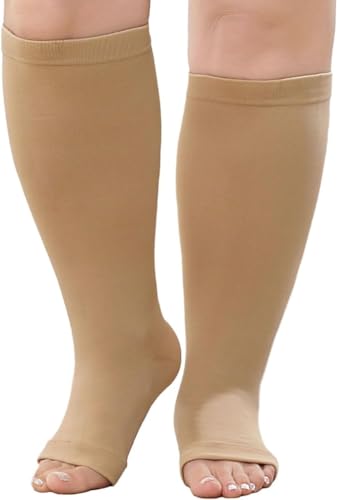 LOFIR Medizinische Kompressionsstrümpfe für Damen Herren: Offene Zehen Kniehohe Dicke Waden Übergröße Stützstrümpfe Feste 20-30 mmHg Klasse 2 Gradienten Compression Socks für Ödeme Hautfarbe 1 Paar von LOFIR