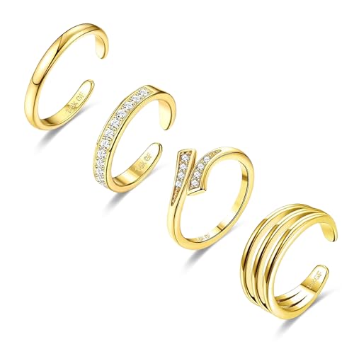 LOFITOR 4 Stück 14K Gold Gefüllte Zehenring Verstellbare Zehenringe Set für Damen Grün Einfach Süß Wasserdicht Gold Opal CZ Herz Offene Zehenringe Sommer Strand Fußschmuck von LOFITOR