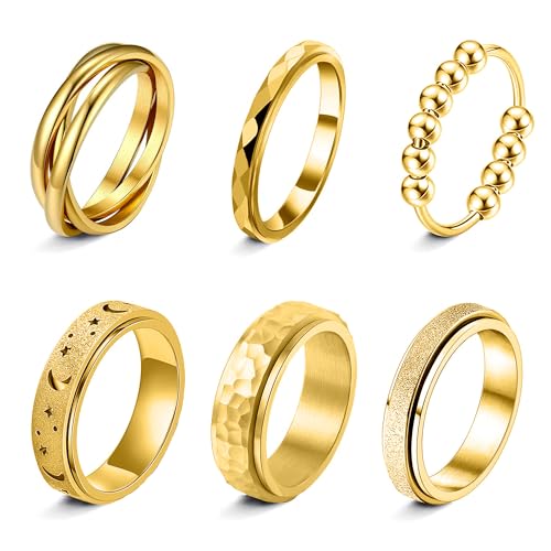 LOFITOR 6 Stück Anti-Angst Spinner Ringe Fidget Band Ring für Stress Angstlinderung für Damen Herren Edelstahl Roller Anti-Stress Ringe Set Coole Anxiety Band Ring CZ Mond&Stern Gold Silber von LOFITOR