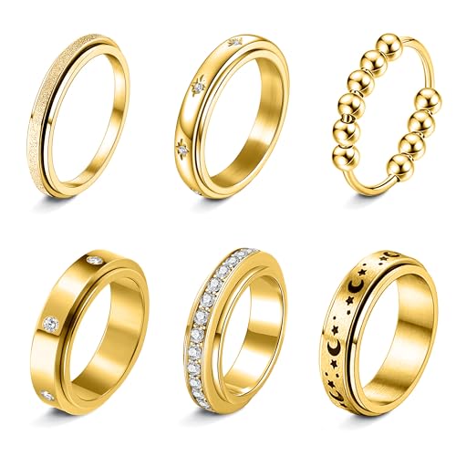 LOFITOR 6 Stück Anti-Angst Spinner Ringe Fidget Band Ring für Stress Angstlinderung für Damen Herren Edelstahl Roller Anti-Stress Ringe Set Coole Anxiety Band Ring CZ Mond&Stern Gold Silber von LOFITOR
