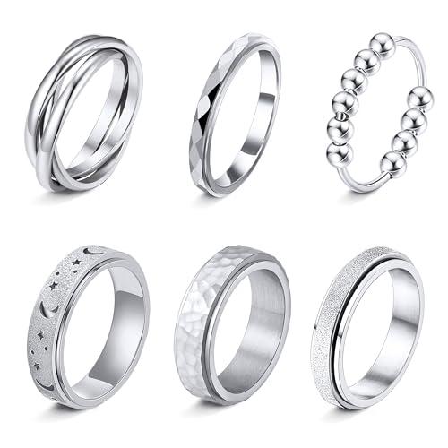 LOFITOR 6 Stück Anti-Angst Spinner Ringe Fidget Band Ring für Stress Angstlinderung für Damen Herren Edelstahl Roller Anti-Stress Ringe Set Coole Anxiety Band Ring CZ Mond&Stern Gold Silber von LOFITOR