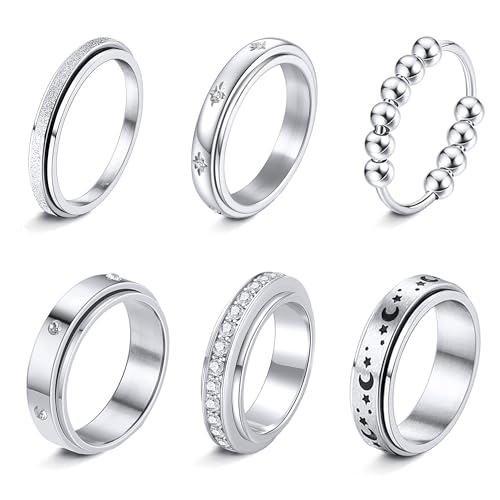 LOFITOR 6 Stück Anti-Angst Spinner Ringe Fidget Band Ring für Stress Angstlinderung für Damen Herren Edelstahl Roller Anti-Stress Ringe Set Coole Anxiety Band Ring CZ Mond&Stern Gold Silber von LOFITOR