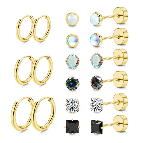 LOFITOR 9Paare Titan Ohrringe für Damen Herren Titanstahl Chirurgenstahl Medizinische Ohrstecker und Klein Creolen Ohrringe Set Hypoallergene 14K Vergoldet Tragus Helix Piercings Ohr Gold von LOFITOR