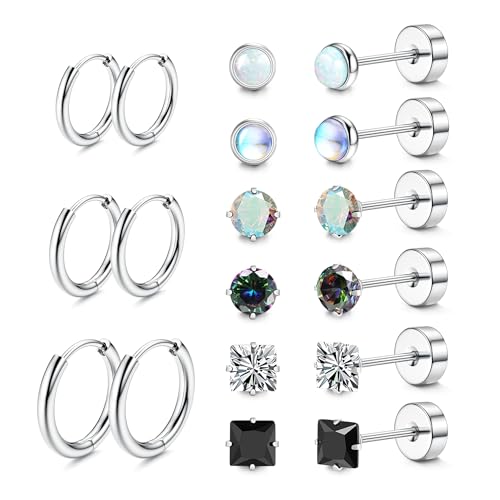 LOFITOR 9Paare Titan Ohrringe für Damen Herren Titanstahl Chirurgenstahl Medizinische Ohrstecker und Klein Creolen Ohrringe Set Hypoallergene 14K Vergoldet Tragus Helix Piercings Ohr Silber von LOFITOR