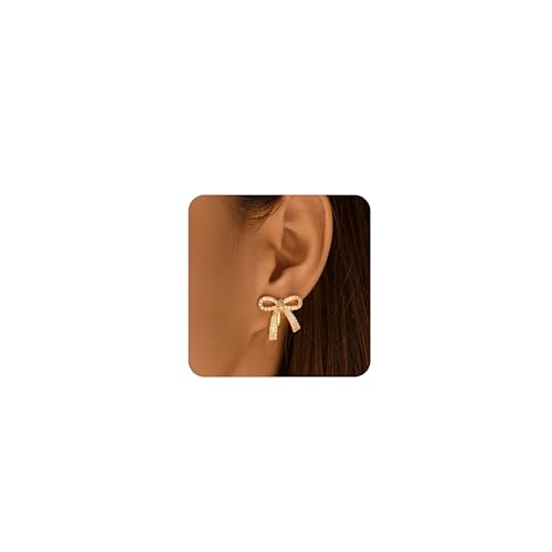 LOFITOR Gold Schleifen Ohrclips Damen Ohne Ohrlöcher 14K Vergoldet Gold Schleifen Clip Ohrringe Damen Nicht Piercing Bow Knot Dangle Drop Tassel Chian Perle CZ Fake Ohrringe von LOFITOR