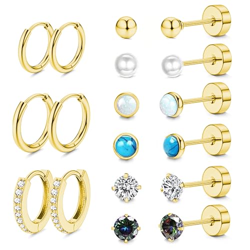 LOFITOR 9Paare Titan Ohrringe für Damen Herren Titanstahl Chirurgenstahl Medizinische Ohrstecker und Klein Creolen Ohrringe Set Hypoallergene 14K Vergoldet Tragus Helix Piercings Ohr Gold von LOFITOR