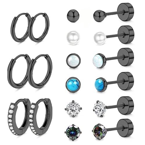 LOFITOR 9Paare Titan Ohrringe für Damen Herren Titanstahl Chirurgenstahl Medizinische Ohrstecker und Klein Creolen Ohrringe Set Hypoallergene 14K Vergoldet Tragus Helix Piercings Ohr Schwarz von LOFITOR