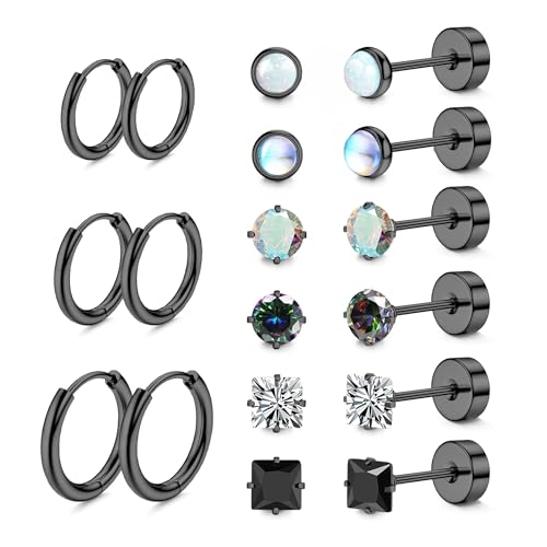 LOFITOR 9Paare Titan Ohrringe für Damen Herren Titanstahl Chirurgenstahl Medizinische Ohrstecker und Klein Creolen Ohrringe Set Hypoallergene 14K Vergoldet Tragus Helix Piercings Ohr Schwarz von LOFITOR