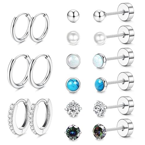 LOFITOR 9Paare Titan Ohrringe für Damen Herren Titanstahl Chirurgenstahl Medizinische Ohrstecker und Klein Creolen Ohrringe Set Hypoallergene 14K Vergoldet Tragus Helix Piercings Ohr Silber von LOFITOR