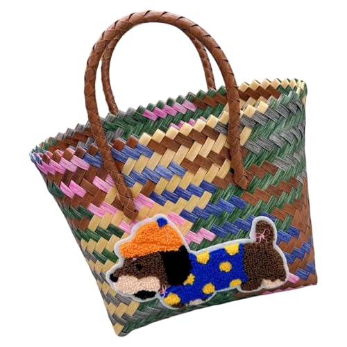 LOFOTU Modische Retro-Handtasche mit Dackel-Motiv, Strandtasche, großes Fassungsvermögen, für den täglichen Gebrauch, gewebter Strand, a, One Size von LOFOTU