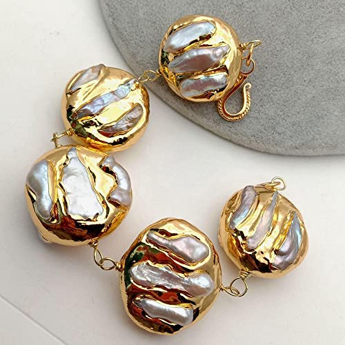 LOFWSGPRX 8.5" White Biwa Freshwater Pearl Yellow Gold color Edge pave wrap Bracelet hyperbole hip-hop style for women LOFWSGPRX 8.5" White Biwa Freshwater Pearl Yellow Gold color Edge pave wrap Bracelet hyperbole hip-hop style for women von LOFWSGPRX
