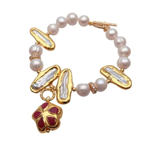 LOFWSGPRX 9-10mm Cultured Potao 25mm Biwa Pearl Bracelet 18mm Red Jade Gold Plated Charm For Women LOFWSGPRX 9-10mm Cultured Potao 25mm Biwa Pearl Bracelet 18mm Red Jade Gold Plated Charm For Women von LOFWSGPRX