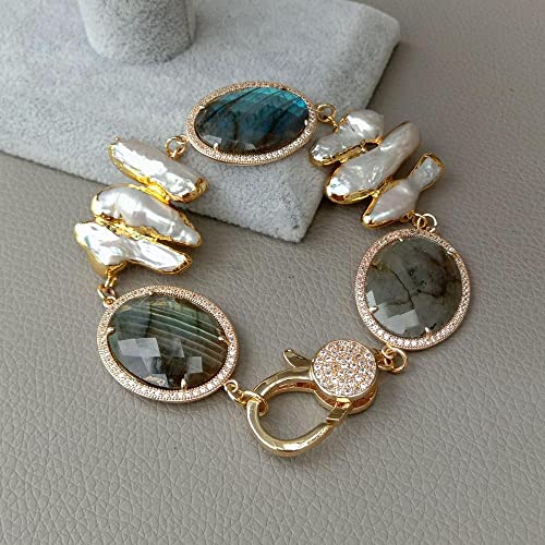 LOFWSGPRX Faceted Labradorite oval Pave Cultured White Biwa freshwater Pearl Wrap Bracelet 8'' for women LOFWSGPRX Faceted Labradorite oval Pave Cultured White Biwa freshwater Pearl Wrap Bracelet 8'' for women von LOFWSGPRX