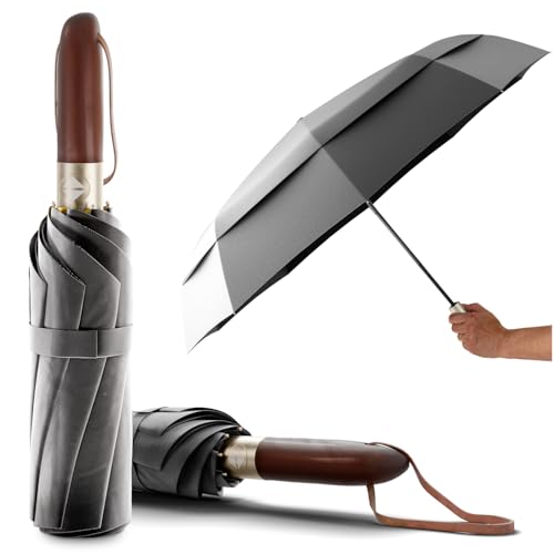 LOGAN & BARNES Premium Taschenschirm sturmfest Ø103cm - Stilvoller Regenschirm sturmfest mit hochwertigem Echtholzgriff und Auf-zu- Taschenschirm Automatik Modell Amsterdam (Grau) von LOGAN & BARNES