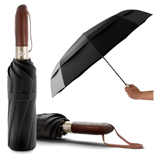 LOGAN & BARNES Premium Taschenschirm sturmfest Ø103cm - Stilvoller Regenschirm sturmfest mit hochwertigem Echtholzgriff und Auf-zu- Taschenschirm Automatik Modell Amsterdam von LOGAN & BARNES