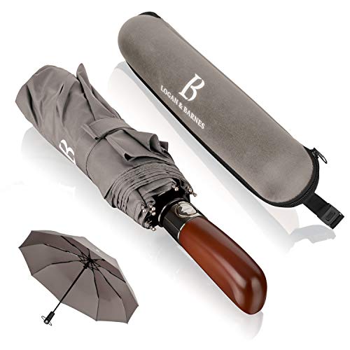 LOGAN & BARNES Regenschirm sturmfest bis 140 km/h - Taschenschirm mit echtem Holzgriff und zertifizierter Teflon-Beschichtung gegen Feuchtigkeitsschäden Modell Dublin von LOGAN & BARNES