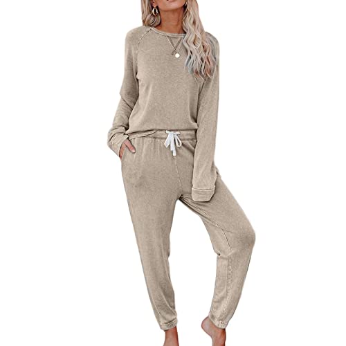 Schlafanzug Damen Lang Pyjamaset Set Winter Pyjama Set Mit Bündchen Hausanzug Zweiteiliger-Nachtwäsche Sleepwear Loungewear Langarm Oberteil Und Schlafanzughose Freizeitanzug,Beige,M von LOGEA