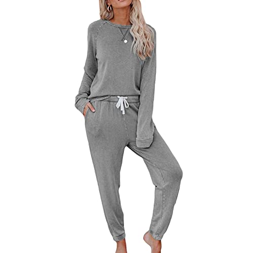 Schlafanzug Damen Lang Pyjamaset Set Winter Pyjama Set Mit Bündchen Hausanzug Zweiteiliger-Nachtwäsche Sleepwear Loungewear Langarm Oberteil Und Schlafanzughose Freizeitanzug,Grau,M von LOGEA