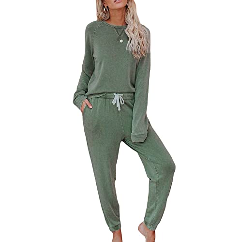 Schlafanzug Damen Lang Pyjamaset Set Winter Pyjama Set Mit Bündchen Hausanzug Zweiteiliger-Nachtwäsche Sleepwear Loungewear Langarm Oberteil Und Schlafanzughose Freizeitanzug,Grün,S von LOGEA