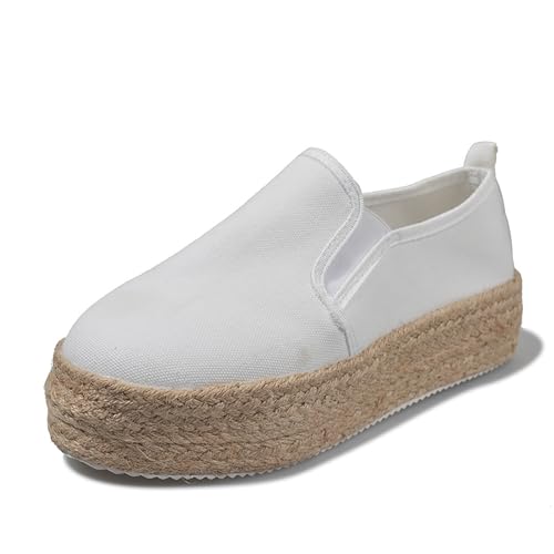 LOGGB Damen Sandalen Espadrilles Mit Plateau Profilsohle Flache Platform Slip-On Plattform Hanf Seil Schuhe Lässig Und Komfortabel,Weiß,40 von LOGGB