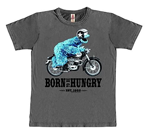 Logoshirt® Sesamstrasse I Krümelmonster I Motorrad I Born to Be Hungry I T-Shirt Print I Damen & Herren I kurzärmlig I grau I Lizenziertes Originaldesign I Größe L von Logoshirt