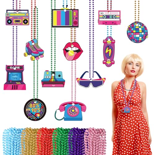 LOHAME 24 Stück 80er Jahre Halskette Damen Neon Party Accessoires mit Neonfarbenen Perlen Vintage Schmuck Retro Perlenketten mit Filz Anhänger 80er 90er Kostümzubehör für Frauen Halloween Karneval von LOHAME