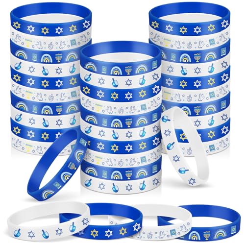 LOHAME 24 Stück Chanukka Armbänder Hanukkah Silikon Armband Deko Blau Weiß Davidstern Dreidel Accessoires Partygeschenke für Kinder Erwachsene Sankt Martin Winter Chanukka Party Geschenk von LOHAME