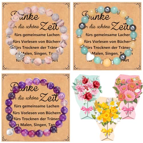 LOHENYOR Abschiedsgeschenk für Erzieherin & Lehrerin – 3 Naturstein-Armbänder mit 3 Karten (Dankeschön, Kindergarten, Schule, Grundschule) | Geschenk für Pädagogin, Kollegin, Mentorin, Mutter, Frauen von LOHENYOR