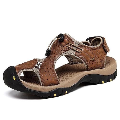 Herren Outdoor Wandern Leder Sandalen Wasserschuhe Rutschen Geschlossene Zehen Sport Sandalen Wandern Fischer Klettern Sommer (Color : Brown, Size : 45 EU) von LOHXA