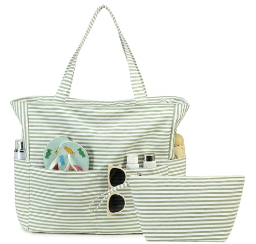 Große Strandtasche mit Reißverschluss Wasserdichte Sanddichte Schwimmbadtasche Umhängetasche Einkaufstasche mit Reißverschluss Reisetasche Familie Strand Tote (Bubble material with green stripes) von LOIDOU