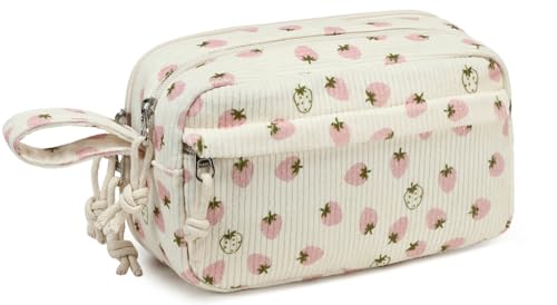 LOIDOU Federmäppchen für Mädchen, Groß, Niedlich, Schreibwarenbeutel, Bleistiftbeutel für Schule, Studium, Büro, Geschenk (Beige Erdbeer-Muster) von LOIDOU